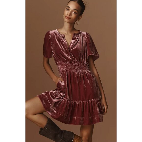 Anthropologie Somerset Velvet Mini Dress Size XXS in Mauve - Picture 1 of 6